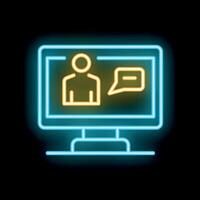 Neon icon of call on desktop computer screen showing person talking vector