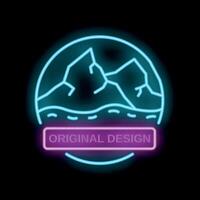 Original design neon sign with mountains and water reflection in circle frame vector