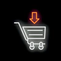 Neon shopping cart with arrow pointing down indicating adding to cart vector