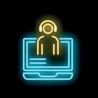 Neon icon of customer service operator wearing headset and speaking to client on laptop vector