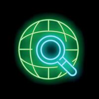 Neon icon of magnifying glass exploring planet earth vector