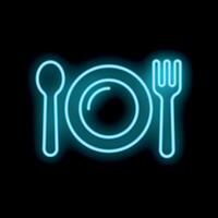Neon sign showing fork plate and spoon on black background vector