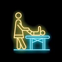 Neon icon of pediatric physiotherapist performing exercises with baby on massage table vector