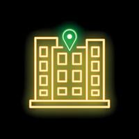 Neon icon of location pin showing modern office building location vector