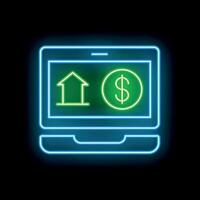 Neon laptop showing increasing house value with dollar symbol inside vector