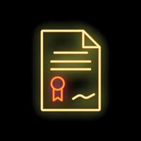 Neon icon of official document with signature and stamp glowing on dark background vector
