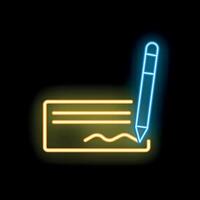 Neon icon of a pen signing a document on black background vector