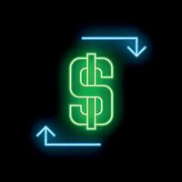 Neon green dollar sign with blue up and down arrows on black background vector