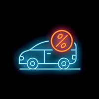 Neon car with big percent symbol showing a discount on a black background vector