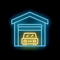 Neon icon of a car parked inside a garage representing parking space vector
