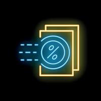 Neon icon of documents with percentage symbol representing fast loan approval vector