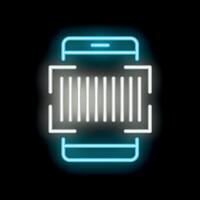 Neon glowing icon of smartphone scanning barcode on black background vector