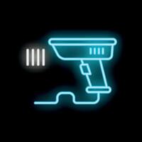 Neon barcode scanner sending data beam glowing blue on black background vector