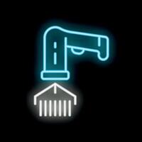 Neon icon of a mechanical arm sorting products on a conveyor belt vector