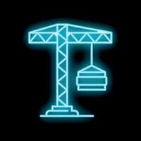 Glowing neon construction crane lifting concrete slab on black background vector