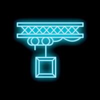 Neon blue overhead crane lifting cargo container on black background vector