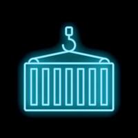 Neon container hanging from crane hook on black background vector