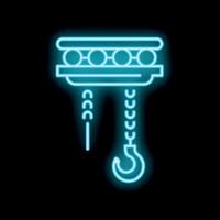 Neon blue crane hook lifting machinery icon glowing on black background vector