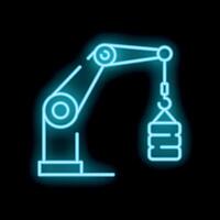 Neon style icon of robotic arm lifting cargo with hook vector
