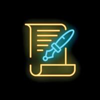 Neon sign depicting fountain pen writing on paper scroll vector