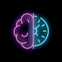 Neon brain clock time management icon glowing bright vector