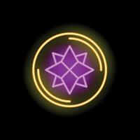 Neon light shining eight pointed star symbol in circle on black background vector