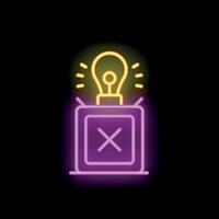 Neon sign representing lack of ideas with light bulb and closed box vector