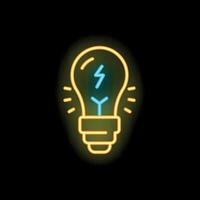Neon light bulb shining with energy symbol inside on black background vector