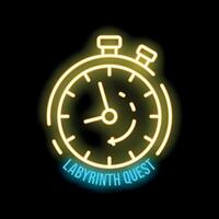 Neon sign for labyrinth quest with clock showing time running out vector