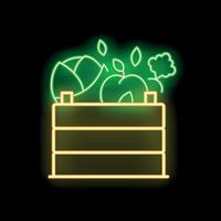 Glowing neon line vegetables in a wooden box on a black background vector
