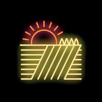 Neon icon of sun rising over farm field at dawn vector