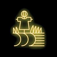 Yellow neon scarecrow standing in the middle of a plowed field vector