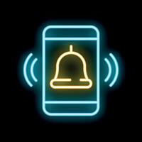 Neon icon of smartphone showing incoming call or notification with ringing bell and sound waves vector