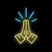 Neon sign of praying hands with light rays on black background vector