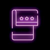Neon icon of smartphone showing three stars rating on black background vector