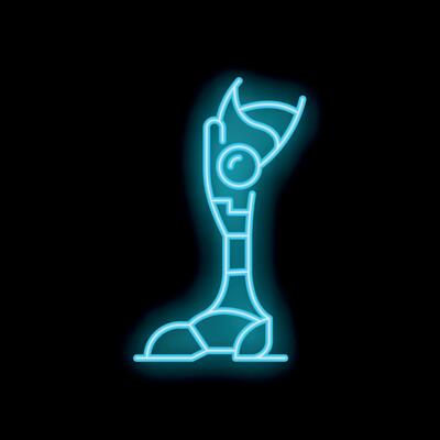 Blue glowing neon line prosthesis leg icon isolated on black background