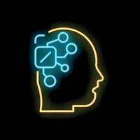 Human head silhouette with digital chip processing data neon sign vector