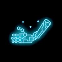 Neon blue bionic arm offering handshake on black background vector