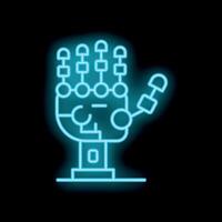 Neon blue robotic hand showing open palm gesture on black background vector