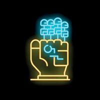 Neon sign of a hand holding a microchip for semiconductor manufacturing vector