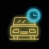 Glowing neon sign of a car and a clock on a black background vector