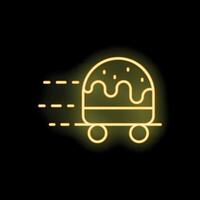Neon icon of a delivery service delivering a chocolate cake on wheels vector