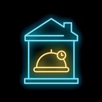 Neon sign indicating restaurant with covered plate and clock icon vector
