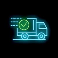 Neon style icon delivery truck moving fast with green check mark symbol vector