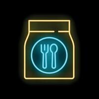 Neon sign of food delivery bag with fork and spoon on black background vector