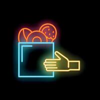 Hand holding shopping bag with donuts in neon style vector