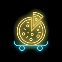 Glowing neon sign of appetizing pizza with slice lying on skateboard on black background vector
