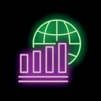 Neon sign showing growing bar chart and world globe icon vector