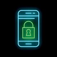 Glowing neon line mobile phone and padlock icon isolated on black background vector