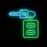 Neon car key with remote icon glowing on black background vector